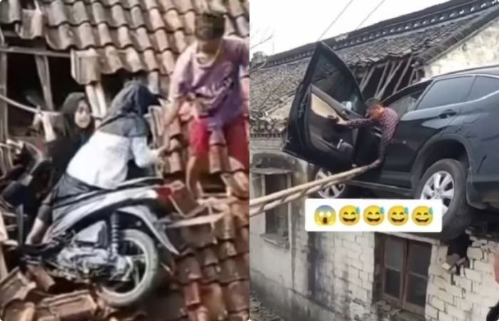 Kocak Setelah Bocah SD Naik Honda Vario Terbang ke Genteng Giliran Honda CRV Parkir di Atap Rumah